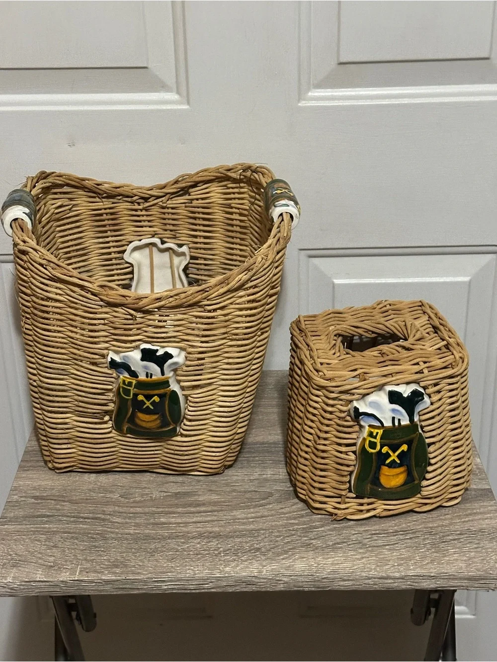 Golf Theme Golfers Waste Basket/Tissue Box Cover Wicker Home Office Golf Clubs